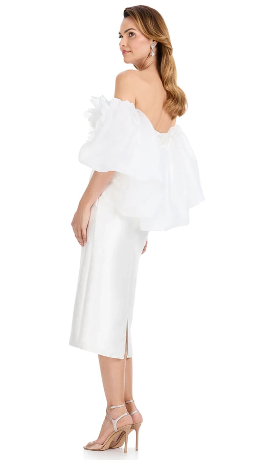 Ashley Lauren E4918 - Off Shoulder Puff Sleeve Satin Midi Dress