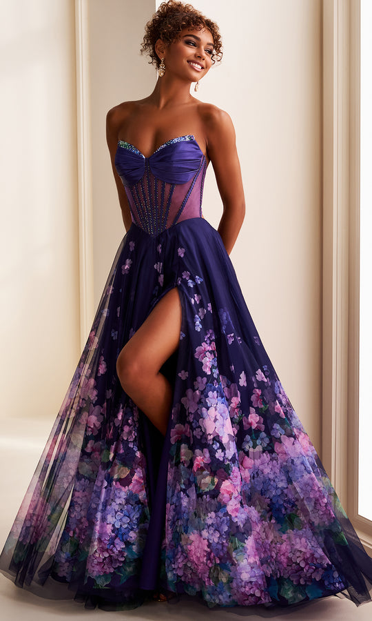 Ellie Wilde EW37003 - Strapless Floral Printed Gown with Slit