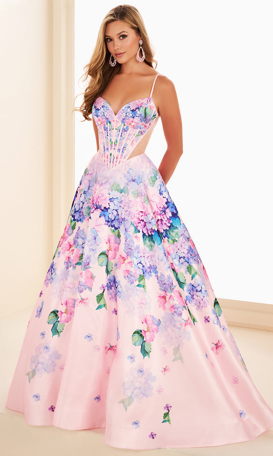 Ellie Wilde EW37004 - Printed Satin A-Line Gown with Corset Bodice
