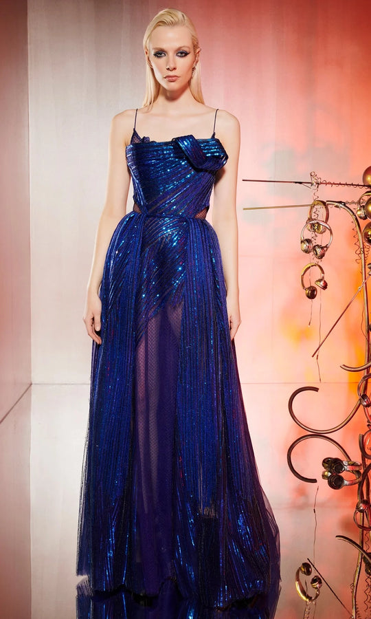 MNM Couture E0049 - Spaghetti Strap Shimmer A-Line Gown