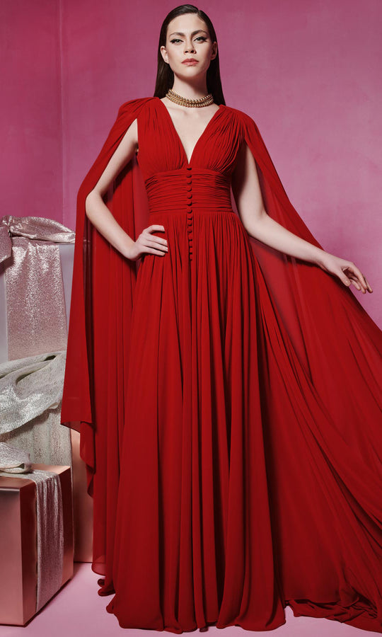 MNM Couture F02845 - Cape Sleeve V-Neck Organza Gown