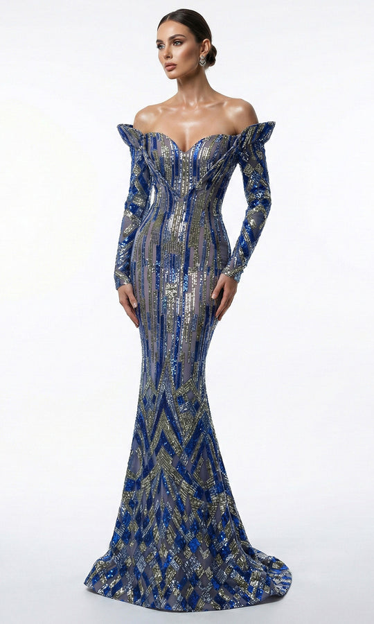 MNM COUTURE F02900A - Geometric Sequin Long Sleeve Evening Dress