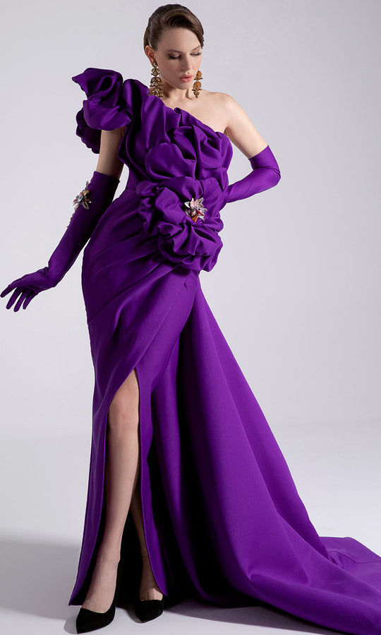 MNM Couture F02904 - Ruched Bodice Asymmetric Column Gown