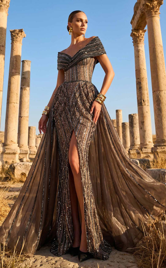 MNM COUTURE F02929 - Off Shoulder Beaded Sequin Evening Gown with Slit