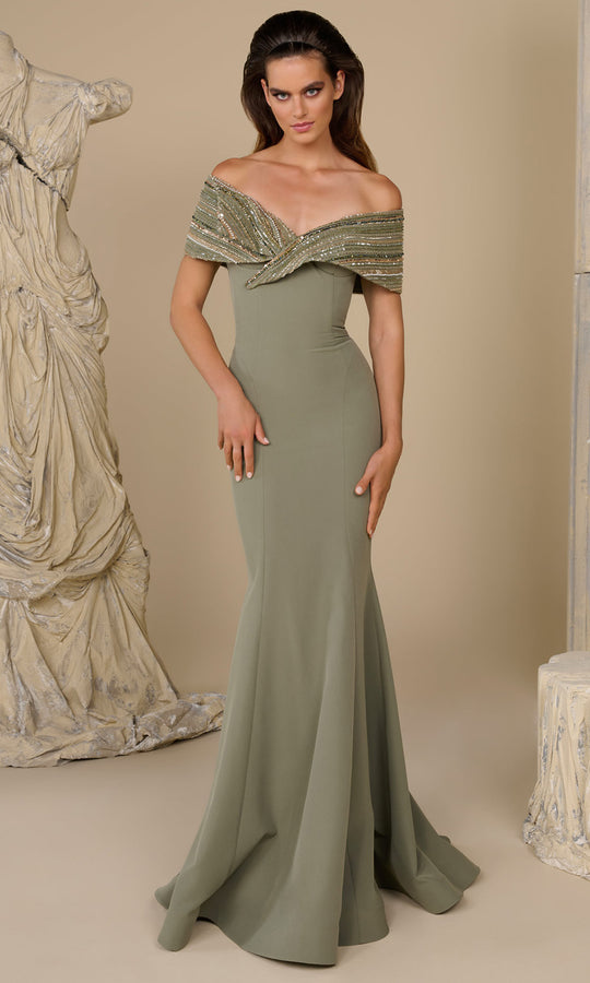 MNM COUTURE F02935 - Beaded Neckline Crepe Mermaid Gown