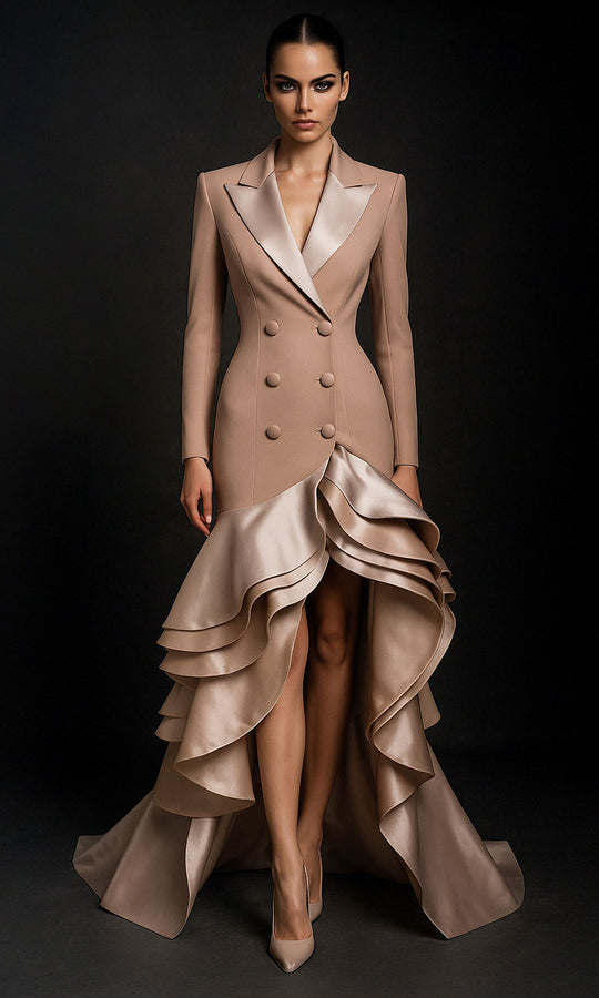 MNM COUTURE F02936 - Ruffled High-Low Blazer Evening Gown