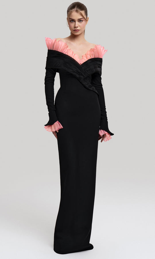 MNM COUTURE F02941 - Off Shoulder Column Gown with Ruffle Accent
