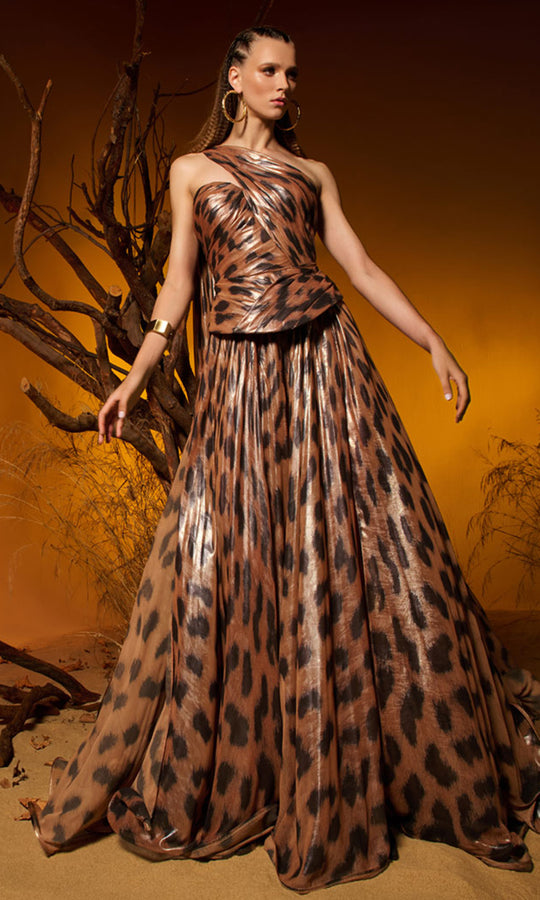 MNM COUTURE F02953 - Metallic Chiffon Animal Print A-Line Dress