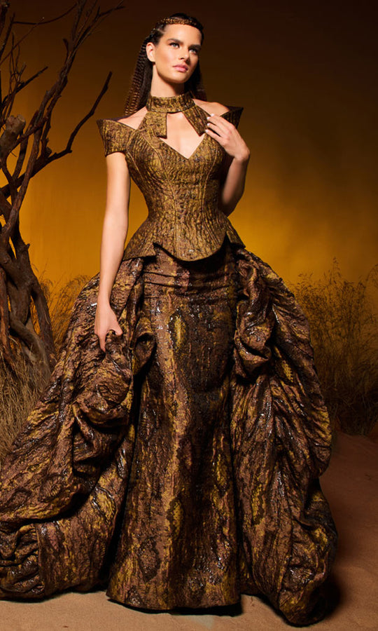 MNM COUTURE F02971 - Voluminous Overskirt Metallic Jacquard Long Gown