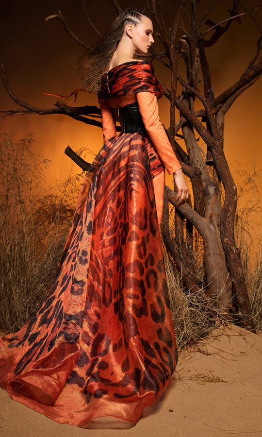MNM COUTURE F02972 - Faux-Leather Corset Long Sleeve Evening Gown