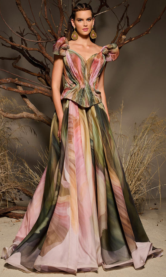 MNM COUTURE F02981 - Cap Sleeve Printed Chiffon Evening Gown