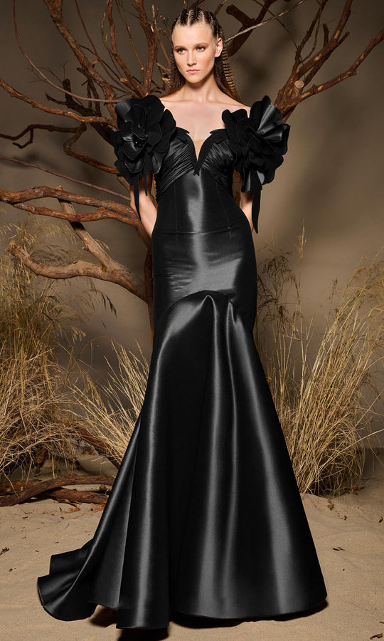 MNM COUTURE F02993 - Floral Shoulder Trumpet Evening Gown