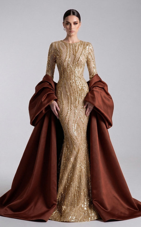 MNM COUTURE F03004 - Geometric Sparkle Long Sleeve Evening Gown