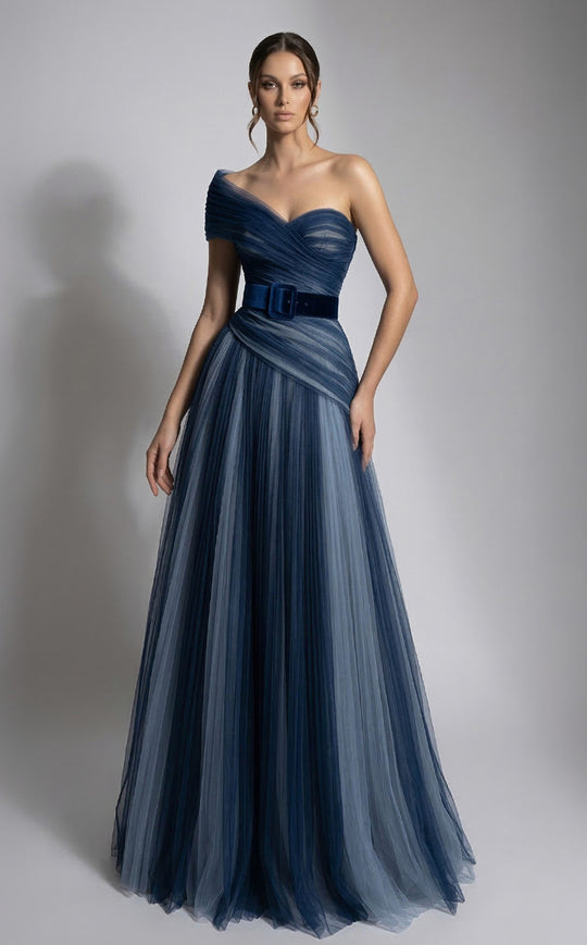 MNM COUTURE F03008 - Diagonal Pleated A-Line Evening Gown with Belt