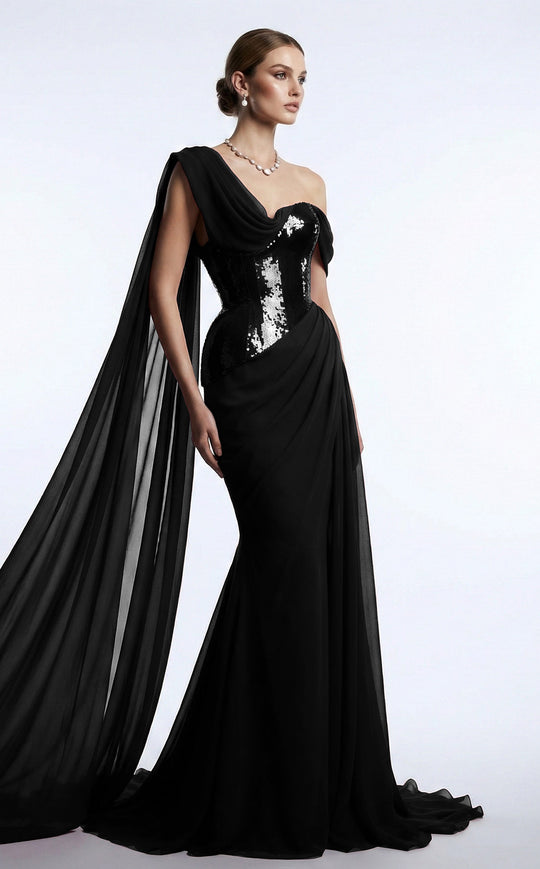MNM COUTURE F03017 - Draped Cape Sparkle Sheath Evening Gown