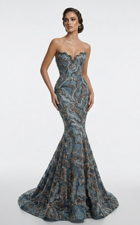 MNM COUTURE F03018 - Mermaid Skirt Allover Beaded Evening Gown
