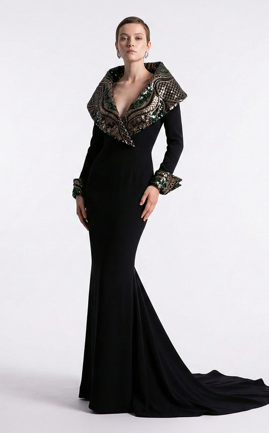 MNM COUTURE F03019 - Embellished Wide Collar Mermaid Evening Gown
