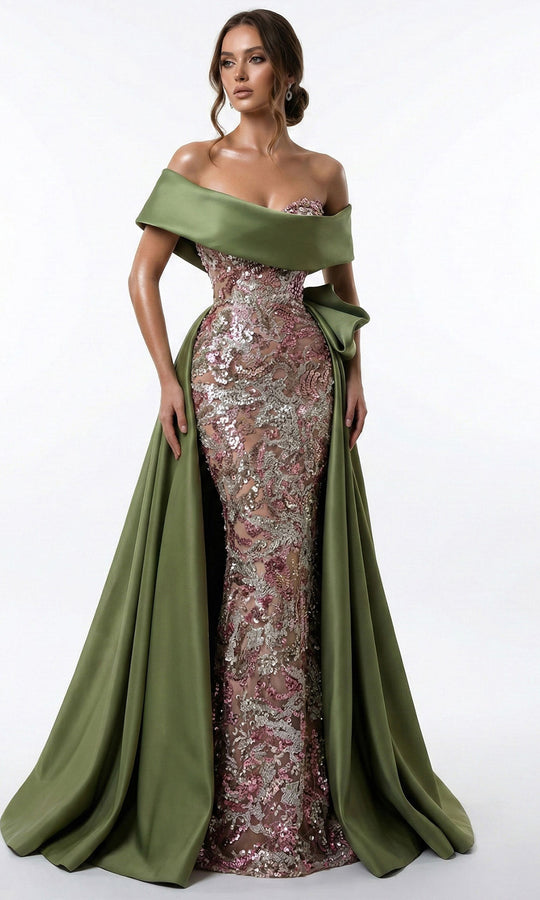 MNM COUTURE F03024 - Sequin Off Shoulder Gown with Attached Overskirt