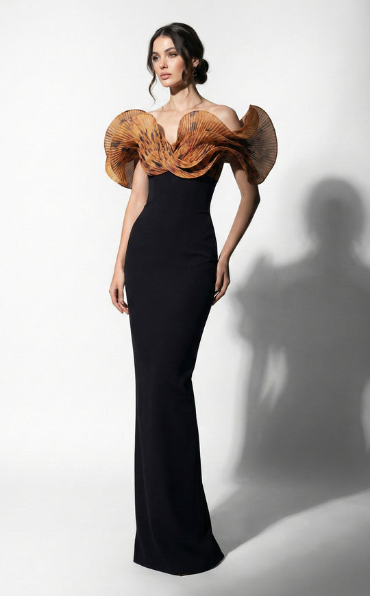 MNM COUTURE F03033 - Pleated Ruffle Collar Column Evening Gown