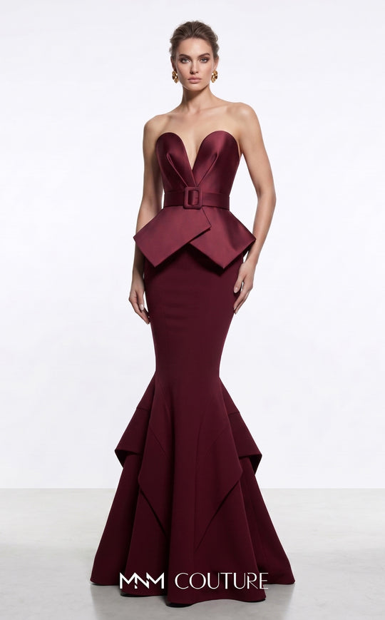 MNM COUTURE F03035A - Belted Peplum Mermaid Evening Gown