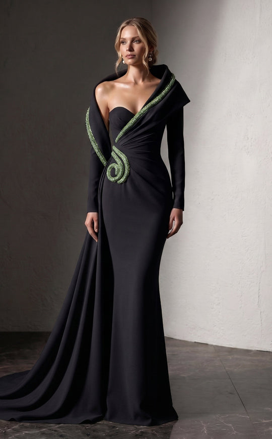 MNM COUTURE F03038 - Asymmetric Portrait Collar Sheath Evening Gown