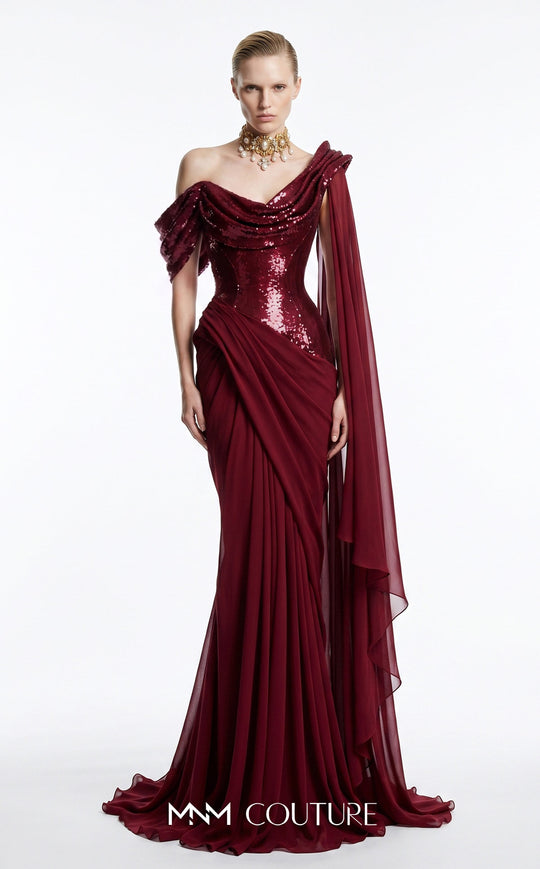 MNM COUTURE F03048 - Sparkle Asymmetric Cape Evening Gown