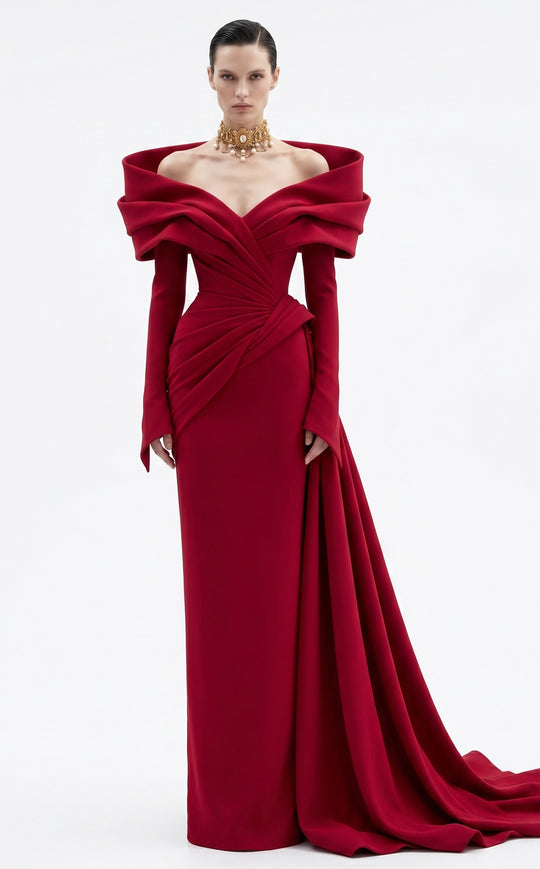 MNM COUTURE F03049 - Pleated Bodice Off Shoulder Column Evening Gown