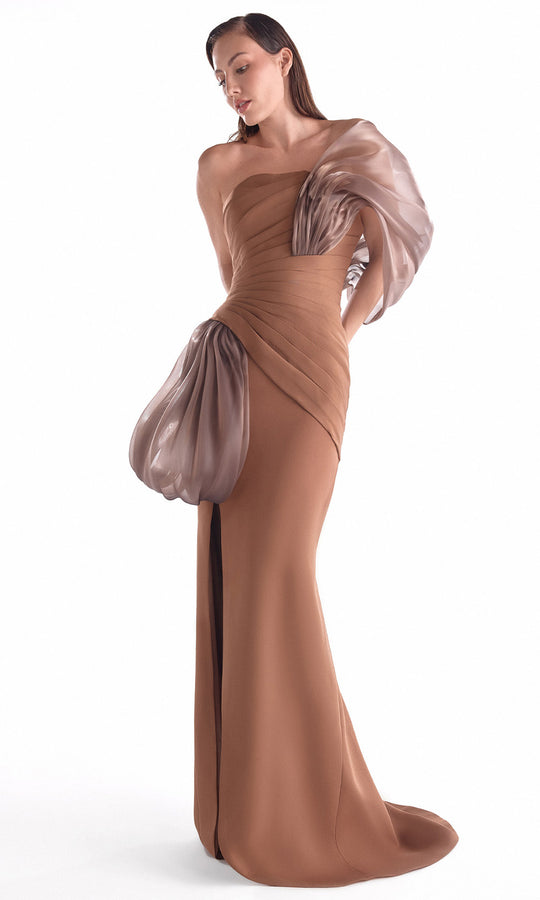 MNM COUTURE G2106 - Pleated Detail Asymmetric Evening Gown