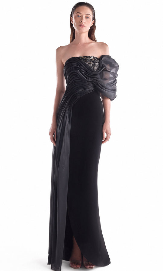 MNM COUTURE G2111 - Beaded Bust Draped Column Dress