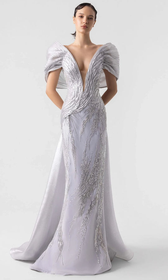 MNM Couture G1939 - Plunging V-Neck Gown with Structured Sleeves