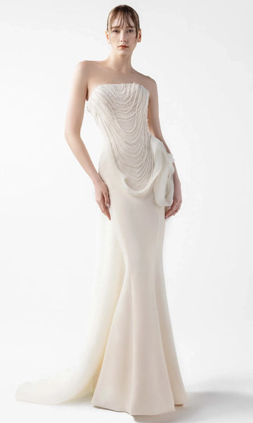 mermaid dresses 2015 MNM Couture G2015 - Long Crepe, Organza Mermaid Dress - Strapless, Pearl Beaded, Draped Ruffle Accent, Flared Skirt, Sweep Train 6 / Mint