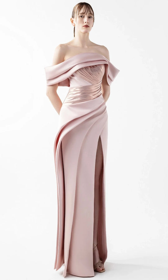 MNM Couture G2020 - Off Shoulder Metallic Pleated Evening Gown