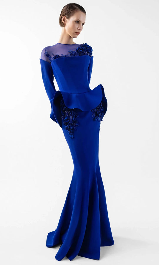 MNM Couture G2029 - Long Sleeve Embellished Gown with Peplum Detail