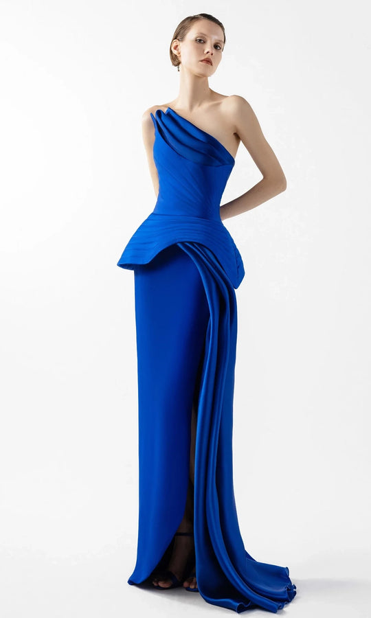 MNM Couture G2044 - One Shoulder Sheath Gown with Peplum