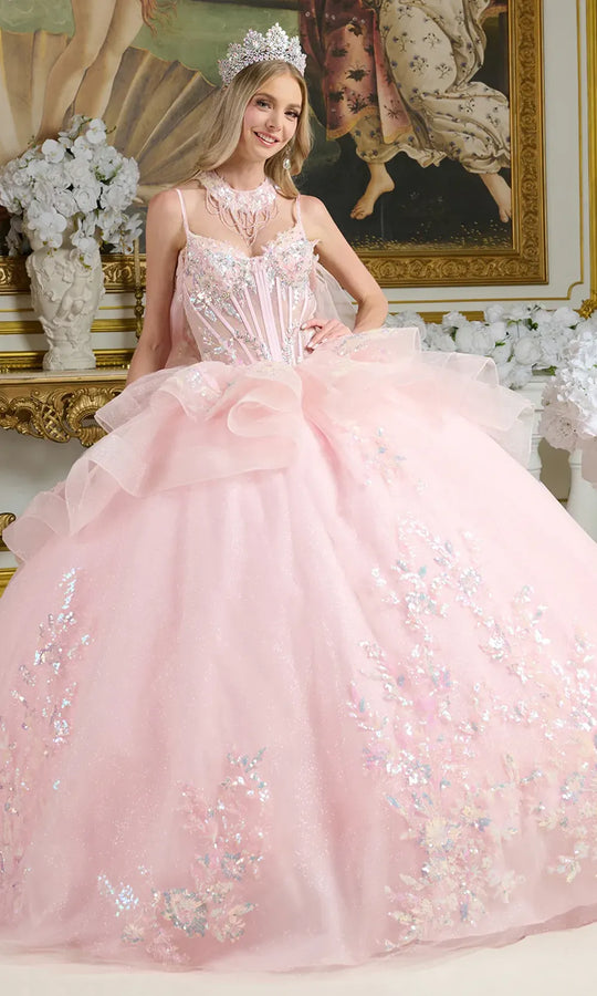 Elizabeth K GL3645 - Sleeveless Sequin Appliqued Ballgown with Cape