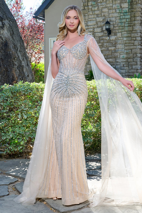 Elizabeth K GL3666 - V-Neckline Illusion Beaded Prom Gown
