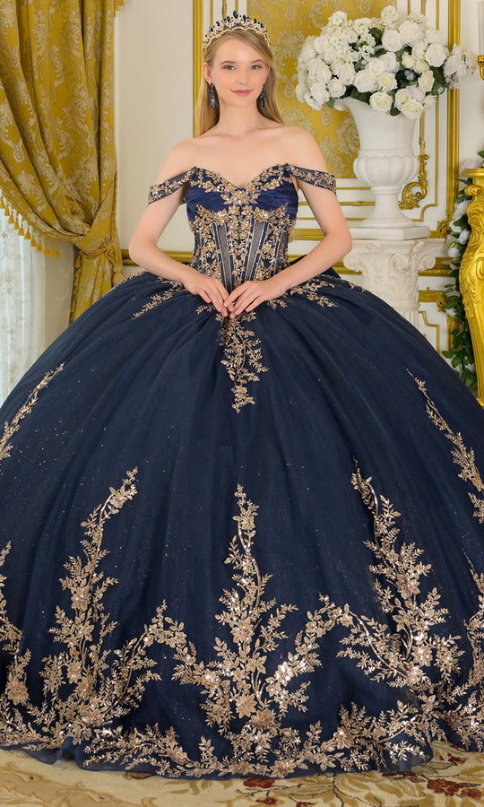 Elizabeth K GL3674 - Floral Lace Applique V-Neckline Ballgown