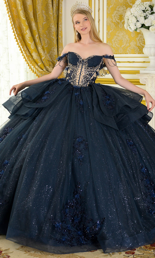 Elizabeth K GL3676 - 3D Floral Accent Detachable Off Shoulder Ballgown