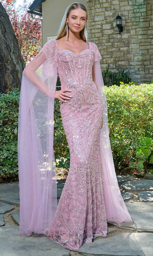 GLS by Gloria GL3704 - Intricate Beaded Formal Gown with Mesh Cape