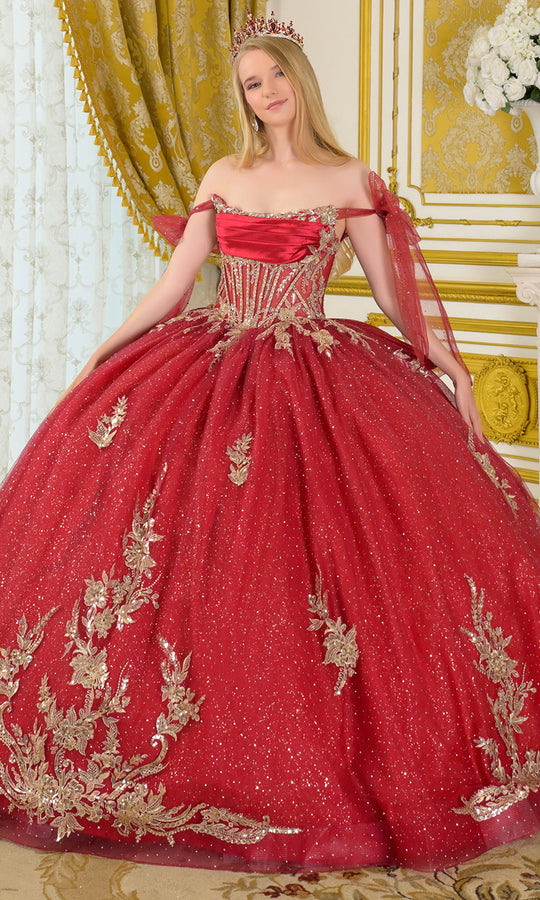 Elizabeth K GL3710 - Tie Off Shoulder Embroidered Ballgown
