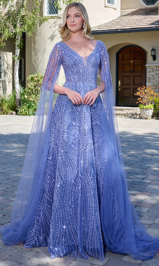 GLS by Gloria GL3833 - Beaded Cape Sleeve A-Line Gown