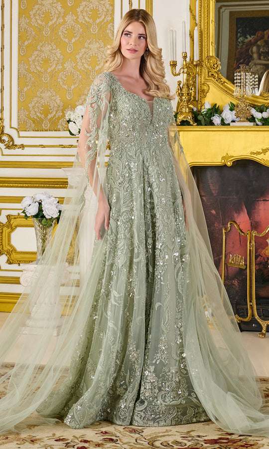 GLS by Gloria GL3838 - Cape Sleeve Beaded Ornate Formal Gown