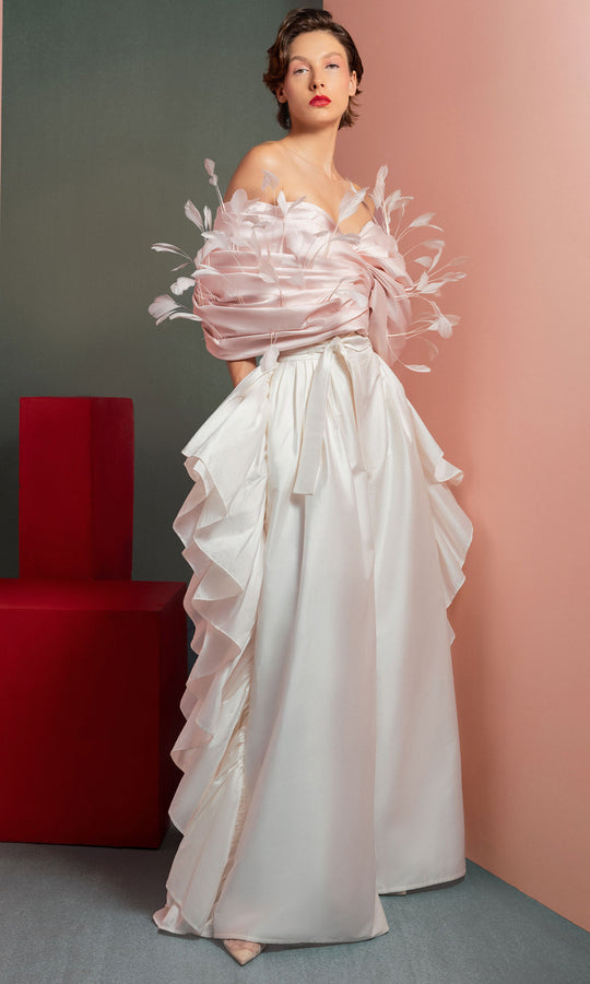 MNM Couture GOF2504 - Feather Off Shoulder Taffeta Pantsuit