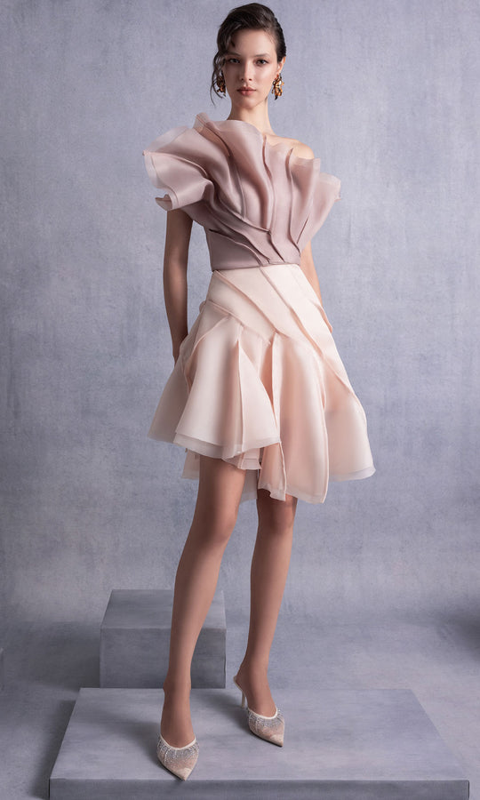 MNM COUTURE GOS2514 - Sculptural Ruffle Asymmetric Neck Cocktail Dress