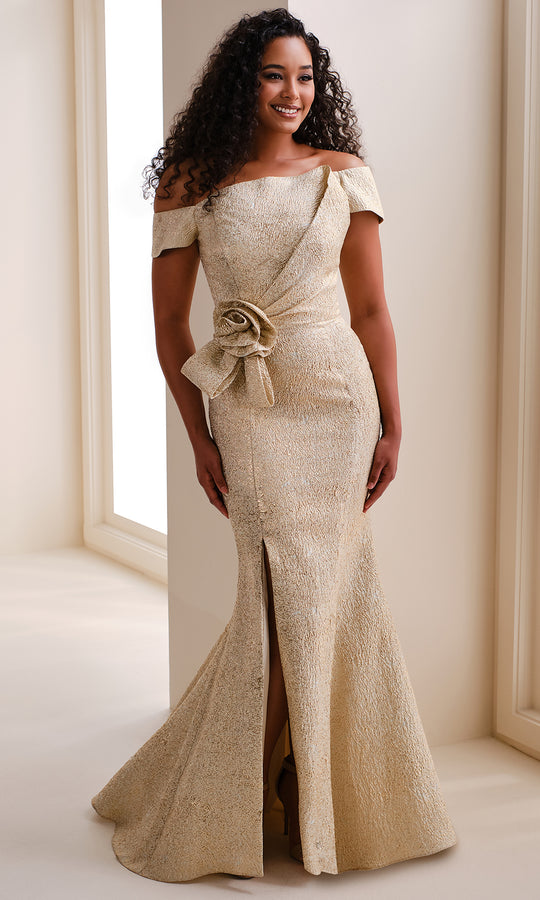 Ivonne D ID1204 - Brocade Mermaid Gown with Rosette Detail