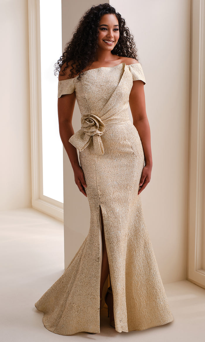 Ivonne D ID1204 - Long Brocade Mermaid Dress - Cap Sleeves, Wrapped Bodice, Rosette Detail, Side Slit, Back Zipper Closure, Sweep Train 20 / Gold - Ivonne D ID1204 - Long Brocade Mermaid Dress - Cap Sleeves, Wrapped Bodice, Rosette Detail, Side Slit, Back Zipper Closure, Sweep Train 20 / Gold -