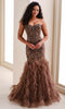 Ivonne D ID1208 - Ruffled Skirt Beaded Lace Evening Dress In Brown