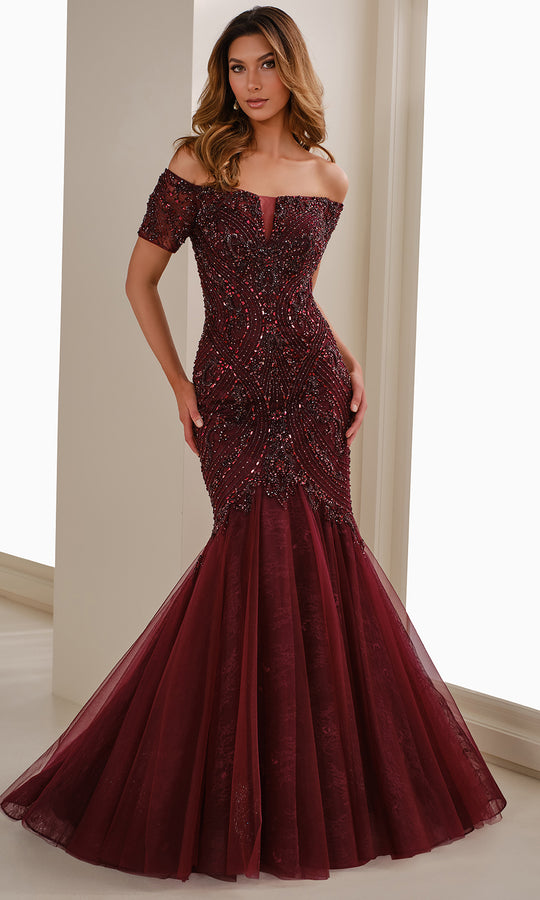 Ivonne D ID1402 - Off Shoulder Beaded Tulle Gown