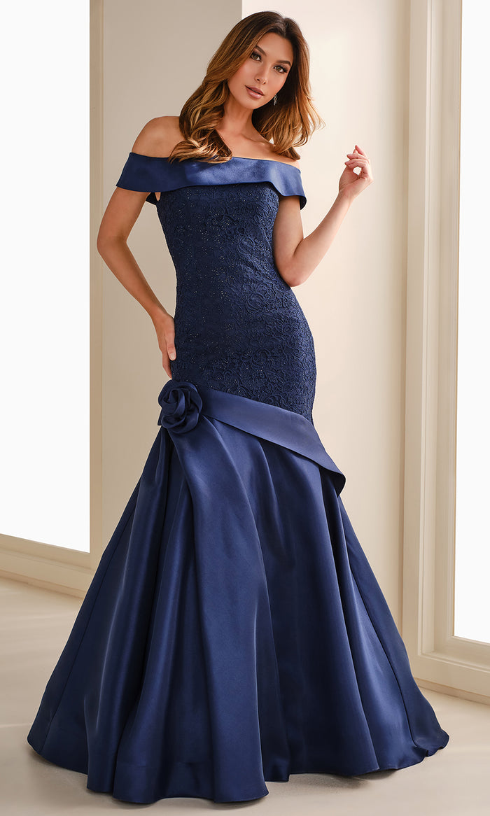 Ivonne D ID1409 - Long Mikado, Lace & Stone Accents Trumpet Dress