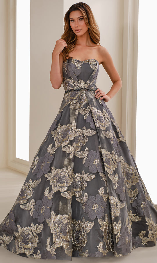 Ivonne D ID1410 - Floral Brocade A-Line Gown with Belt